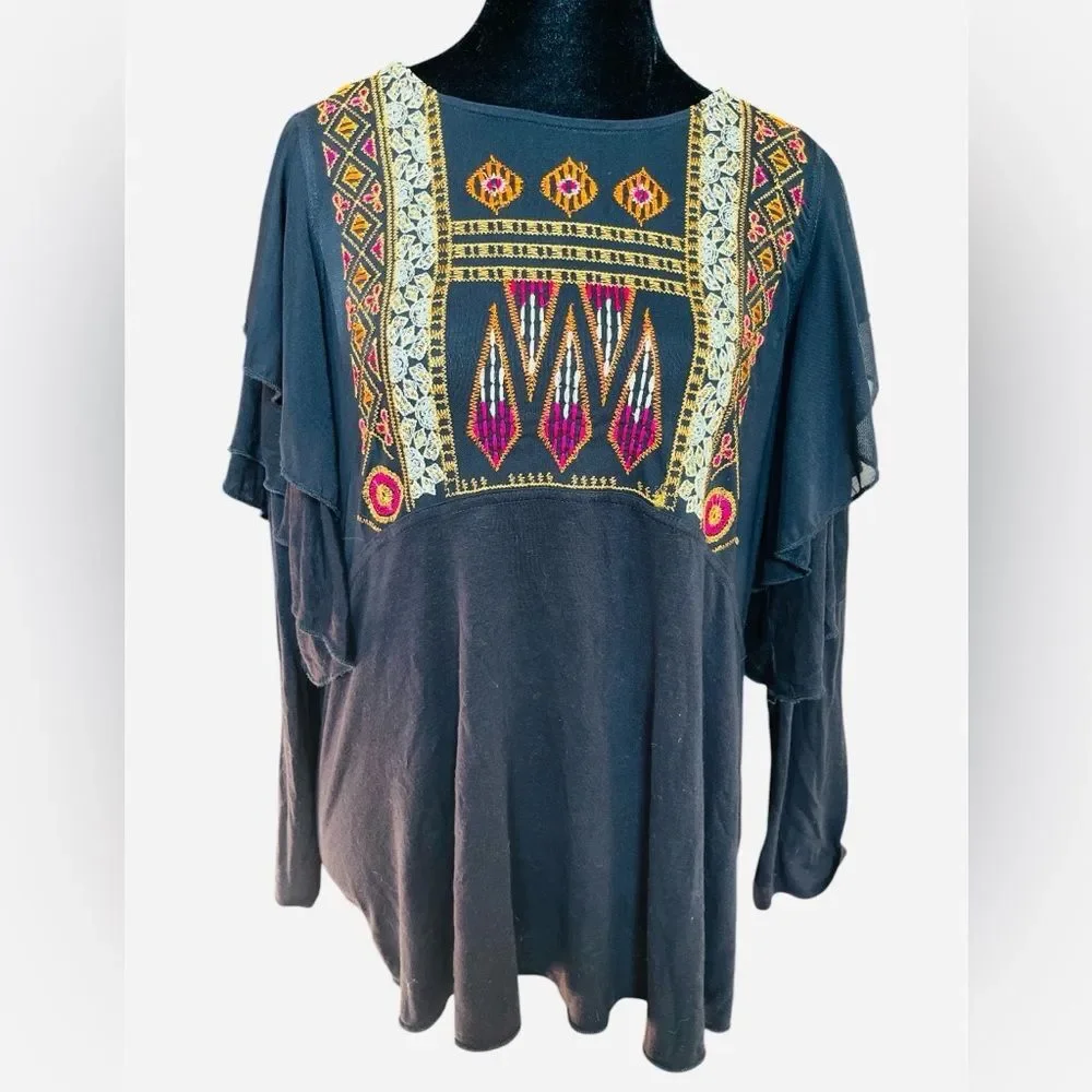 Free People Black Linen Embroidered Long Sleeve Shirt Size Small Ruffle Sleeves